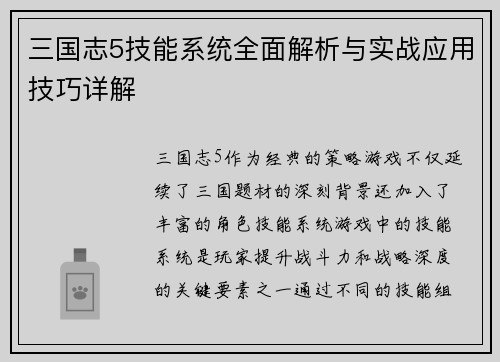 三国志5技能系统全面解析与实战应用技巧详解