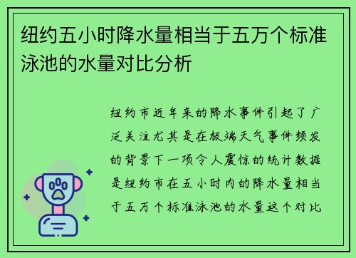 纽约五小时降水量相当于五万个标准泳池的水量对比分析 纽约五小时降水量相当于五万个标准泳池的水量对比分析